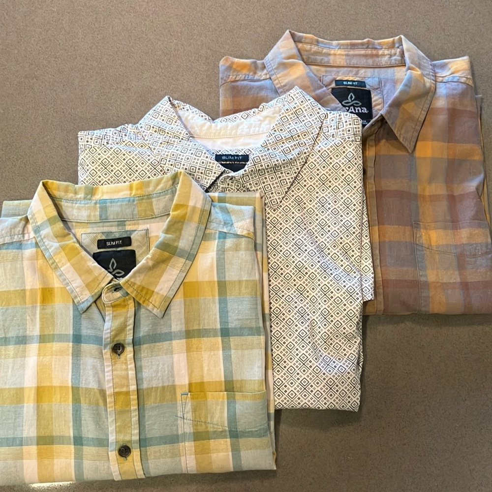 Lot of 3 Prana slim fit organic cotton shirt sleeve casual button down shirts!